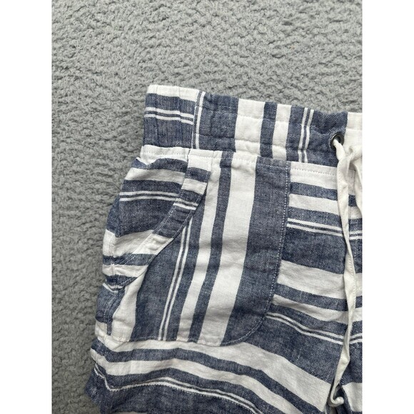 Athleta Blue White Linen Striped Elastic Waist Pockets Shorts Sz 4 - Picture 2 of 6